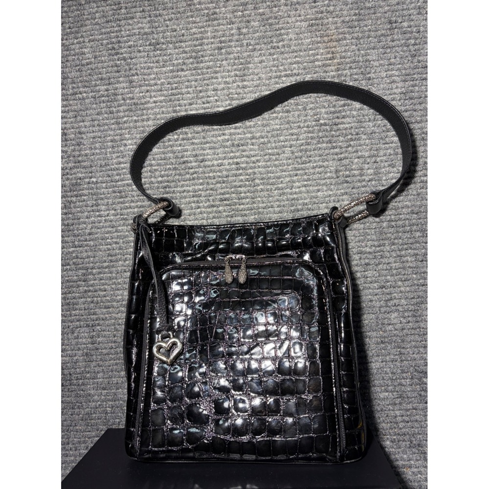 Brighton Black Croc Embossed Patent Leather Shoulder Bag Heart Charm D645858